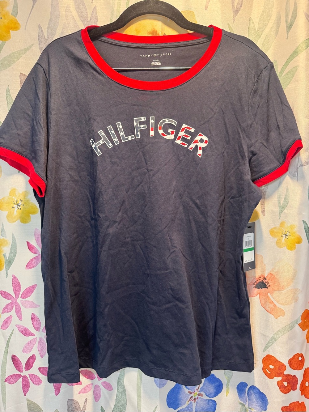 Tommy Hilfiger Navy Short Sleeve Tee with Red Trim and Logo